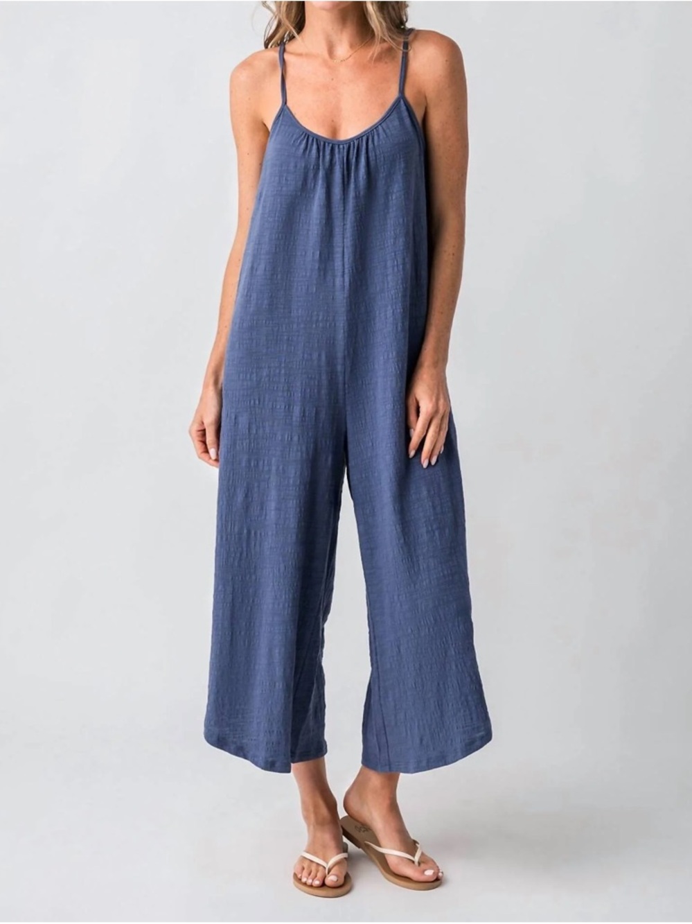 Z Supply Crinkle Gauze Wide Leg Jumpsuit Blue Cami Romper Size M Pockets